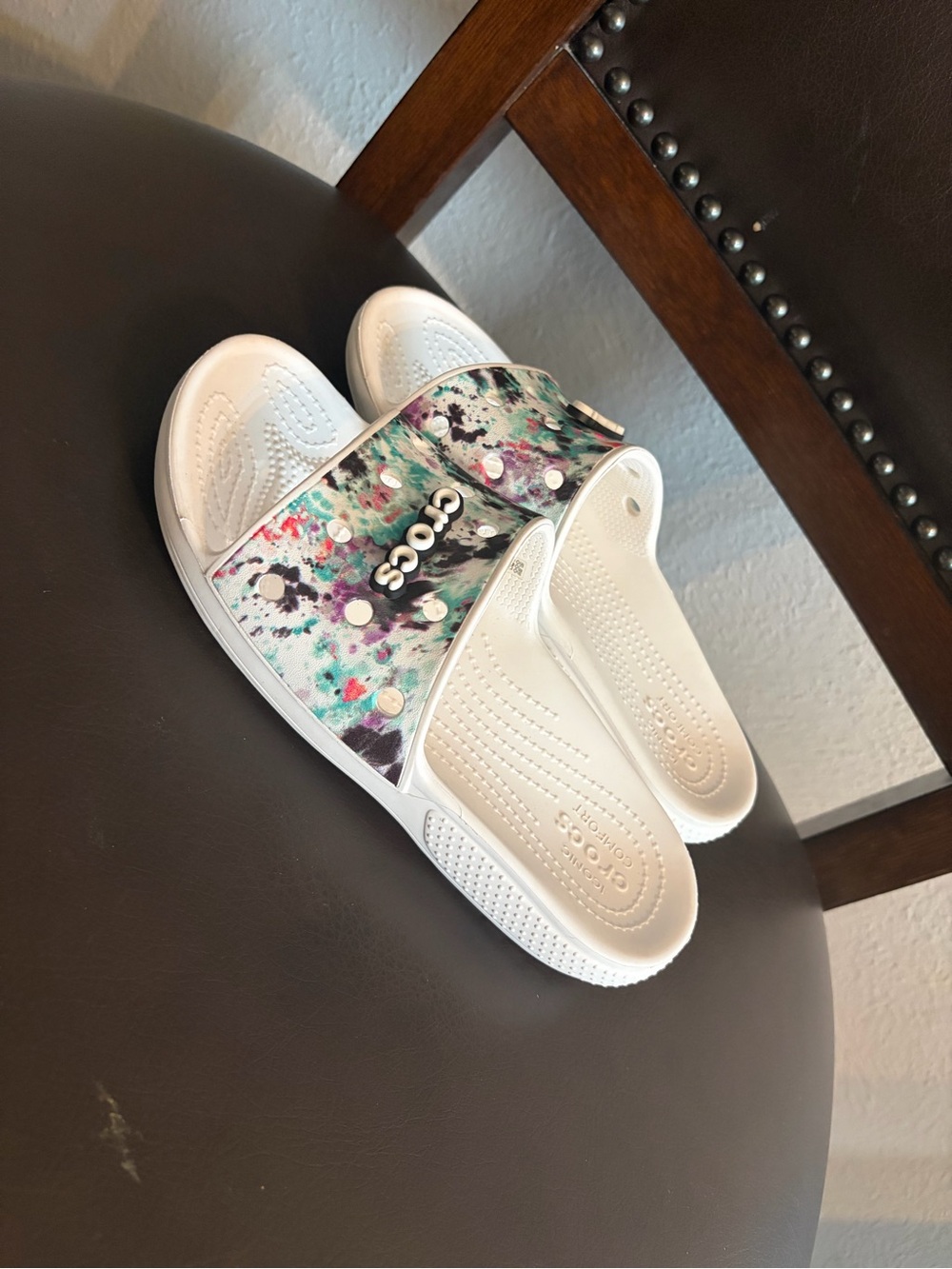 CROCS White Slide Sandals with Multicolor Painted Strap